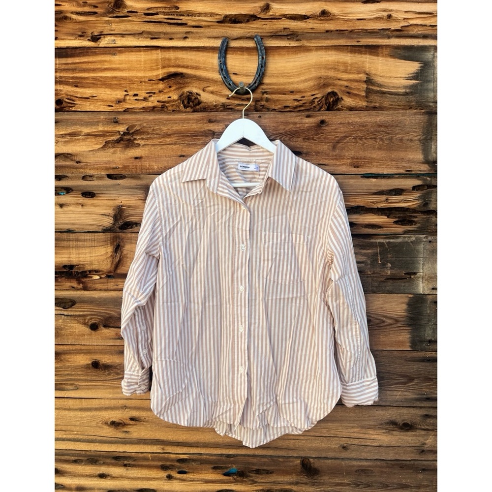 SONOMA | Beige Brown Stipe Button Down Long Sleeve Shirt PS